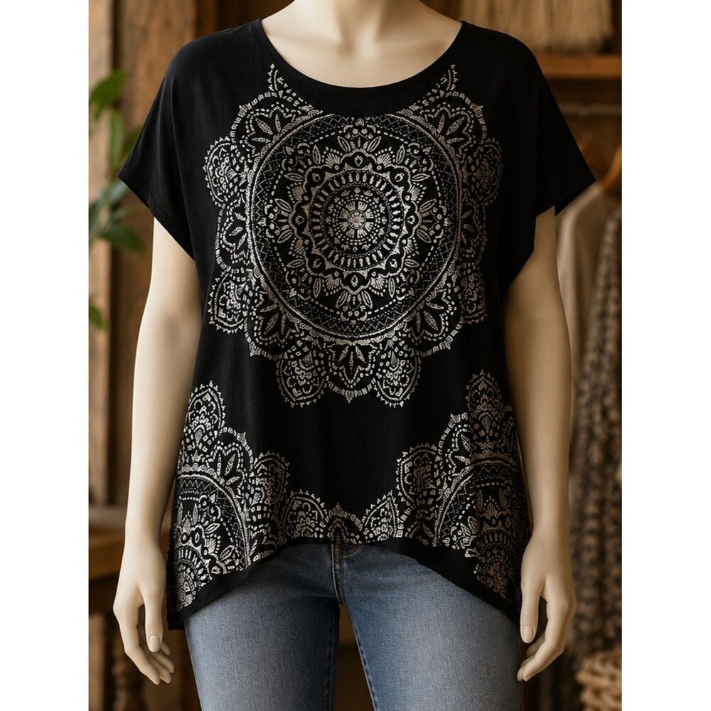 Style&Co Black Medallion Modern Boho Blouse Size XL